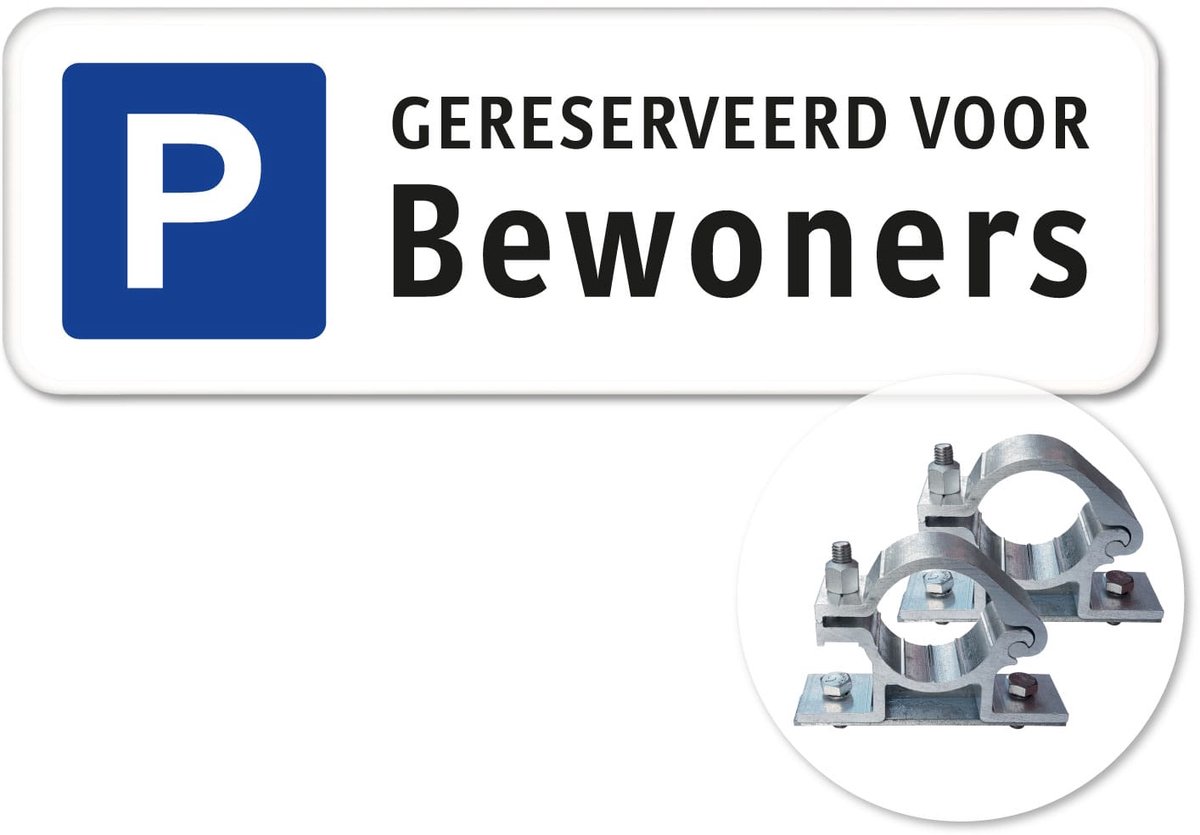 Parkeerbord Bewoners 2 - Weerbestendig Aluminium - 60x20 cm - Bevestiging: Met paalbeugels Ø48mm