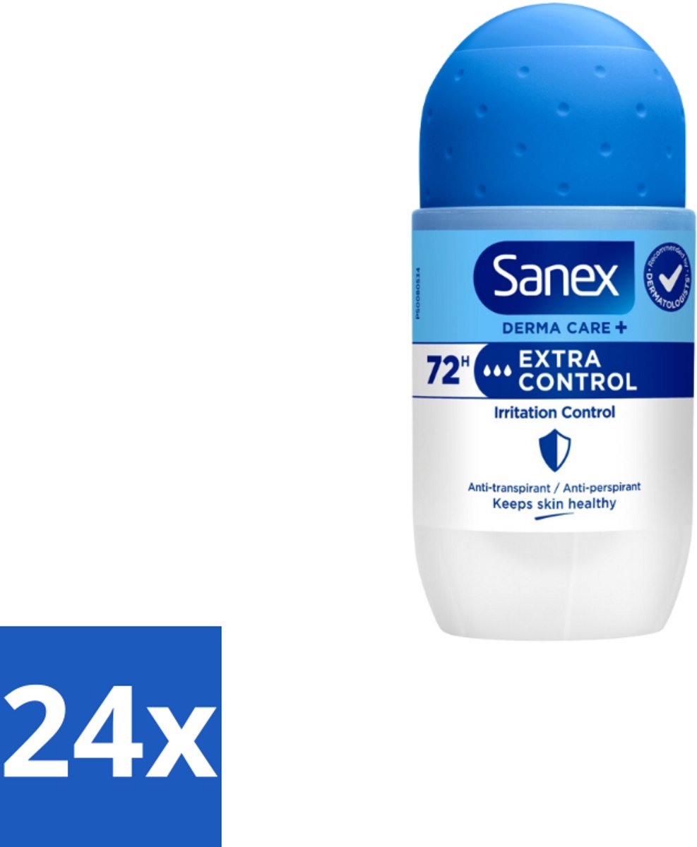 24 x Sanex Deodorant Roller Dermo Extra Control 53 ml - Anti-transpirant - Zweetvermindering - Huidbalans - Aluminiumchloride - Droge Oksels