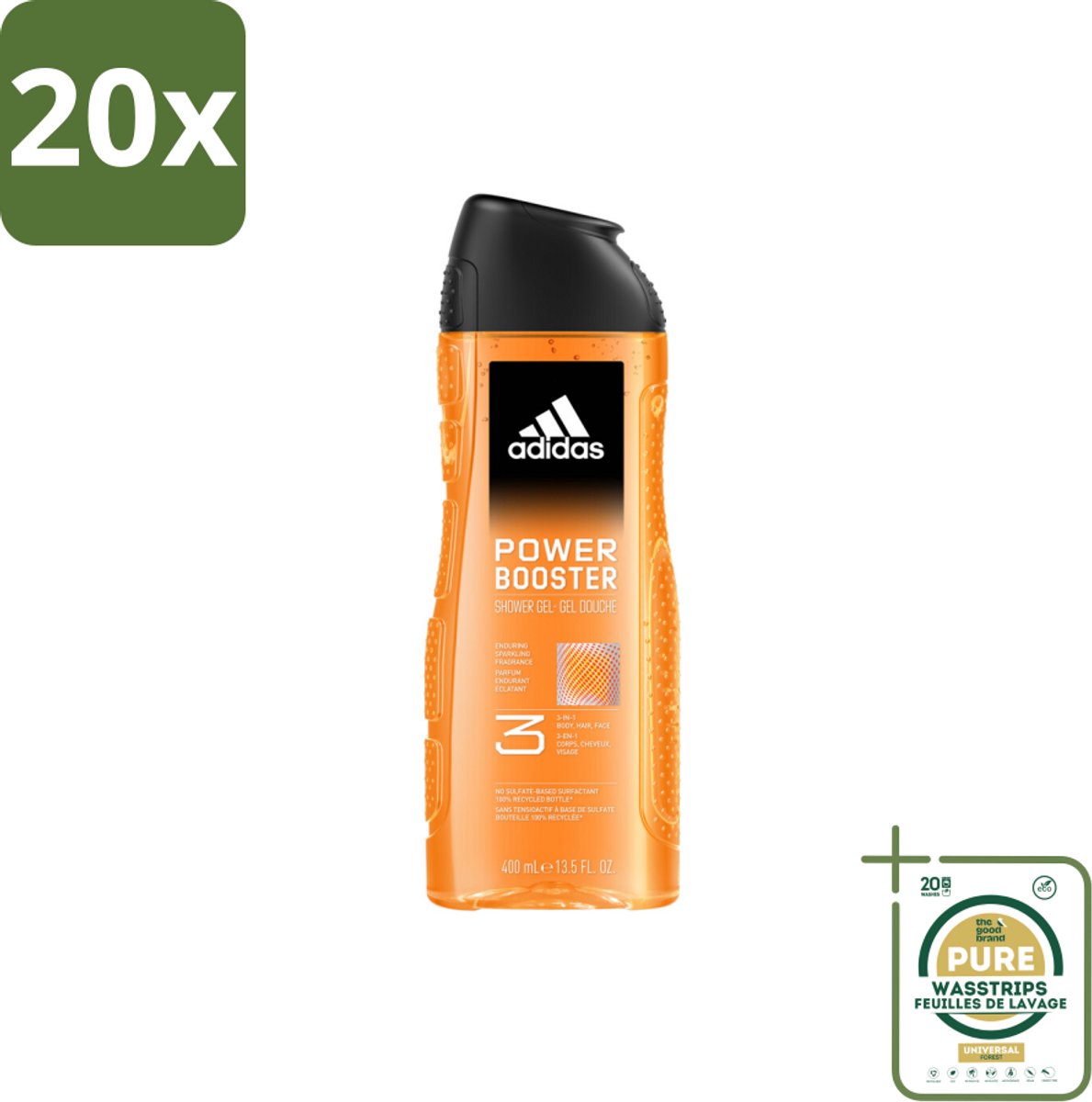 20 x Adidas Shower Gel Power Booster 250 ml - Grootverpakking - Douchegel - 3-in-1 - Frisheid - Sport - Gezicht