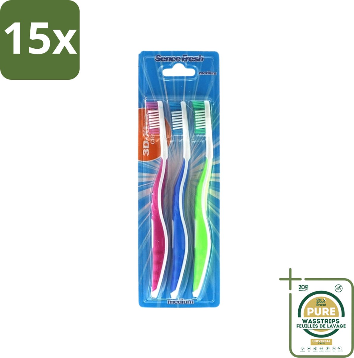 15 x Sence - Fresh 3D-Extra Clean - Tandenborstels - Medium - 3 Tandenborstels - Grootverpakking - Tandenborstel - Tandenborstels - Tandenborstel Set - 3D-ontwerp - Tandenborstel Medium