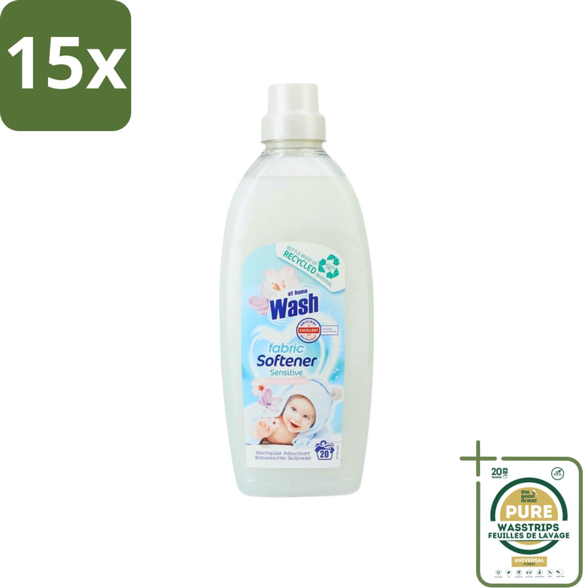 15 x At Home - Wash - Wasverzachter - Sensitive - 20 Wasbeurten - Grootverpakking - Wasverzachter - Wasverzachter Sensitive - Wasverzachter Voor Kleding - Wasverzachter Voor Alle Stoffen - Wasverzachter Voor Katoen