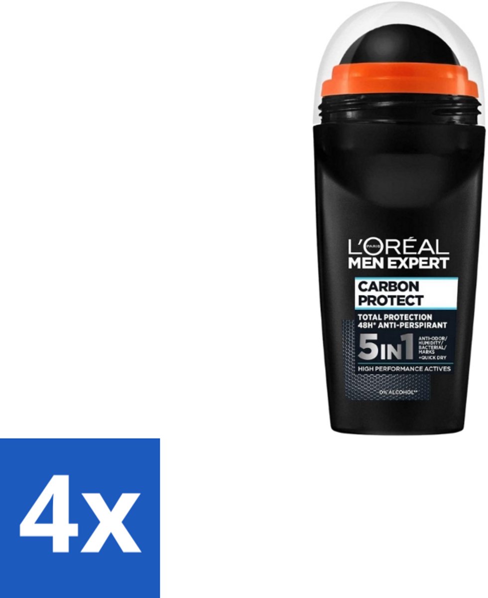 4 x L’Oréal Paris Men Expert – Deodorant Roller – Carbon Protect 5-in-1 – 50 ml - Anti-transpirant - Deodorant - Zweet - Geur - Vlekken