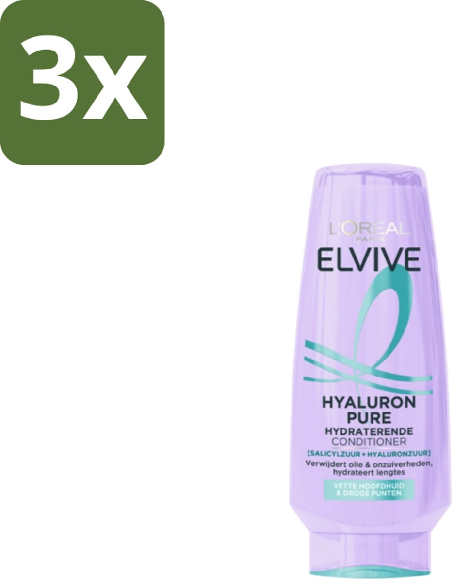 3 x L'Oréal Elvive Hyaluron Pure Conditioner 200 ml - Hyaluronzuur Conditioner - Zuiverende Conditioner - Vet Haar Conditioner - Droge Punten Conditioner - Hydraterende Conditioner