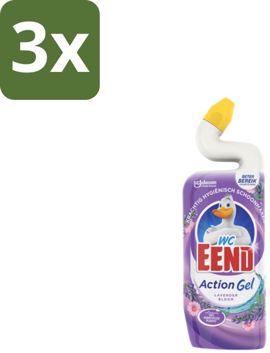 3 x WC Eend – Toiletgel – Action Gel Lavender Bloom – 750 ml - Toiletreiniger - Toilet Reinigen - Kalkaanslag Verwijderen - Fris Toilet - Lavendel Geur