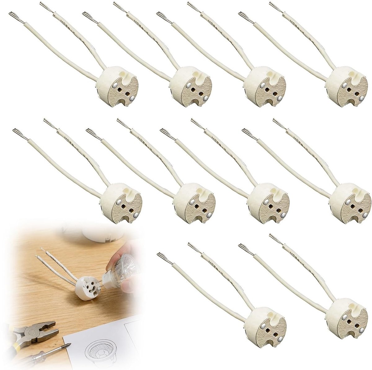 10 stuks keramische MR16 fittingen met GU5.3 houder en siliconen kabels, 15 cm, voor CFL, halogeen en LED lampen, eenvoudige en veilige installatie