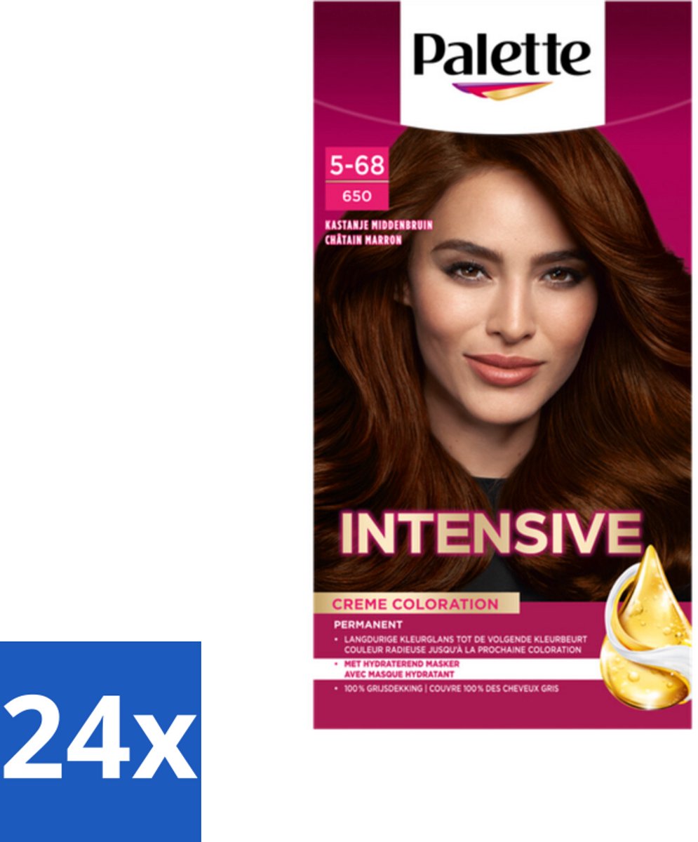24 x Palette Intensive Oil-Care Color Haarkleuring 650 Kastanje Middenbruin - Haarverf - Kastanjebruin - Haarkleur - Glans - Arganolie