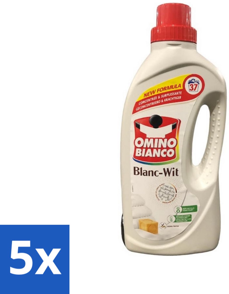 5 x Omino Bianco - Wasmiddel - Geconcentreerd & Krachtig - Witte Was - 37 Wasbeurten - Wit Wasmiddel - Geconcentreerd Wasmiddel - Vlekverwijdering - Witte Was - Wasbeurten