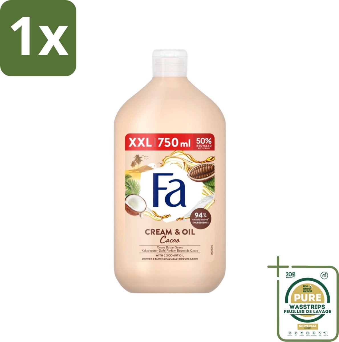 1 x Fa - Cream & Oil Cacao - Bad- & Douchegel - Cacaoboter Met Kokosolie - 750 ml- Bad En Douche Gel - Cacaoboter - Kokosolie - Huid Verzorging - Hydraterende Gel