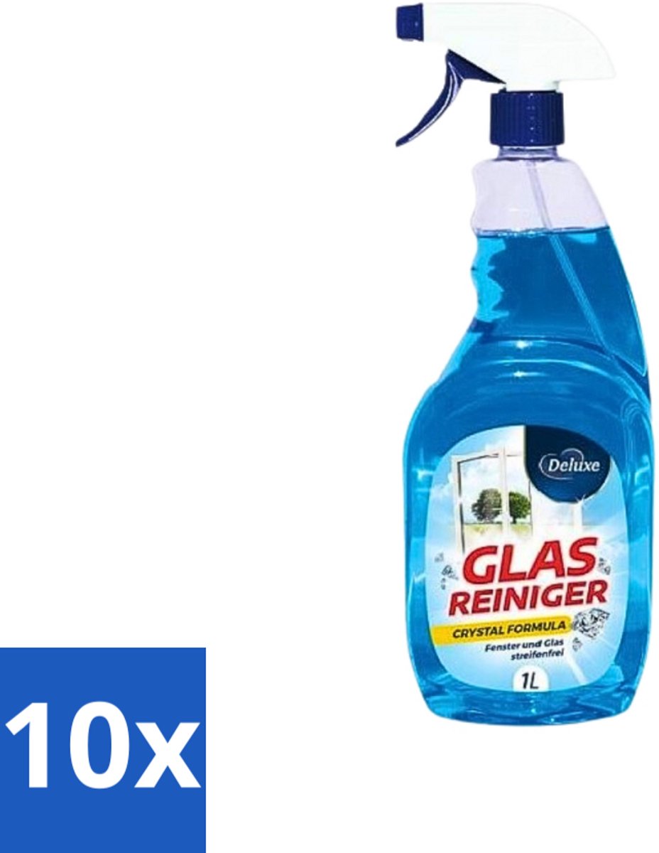 10 x Deluxe - Glasreiniger - Crystal Formule - Streeploze Glans - 1L - Streeploze Glans - Glas Reiniger - Glas Reinigen - Glas Helderheid - Glas Reiniger Crystal Formule