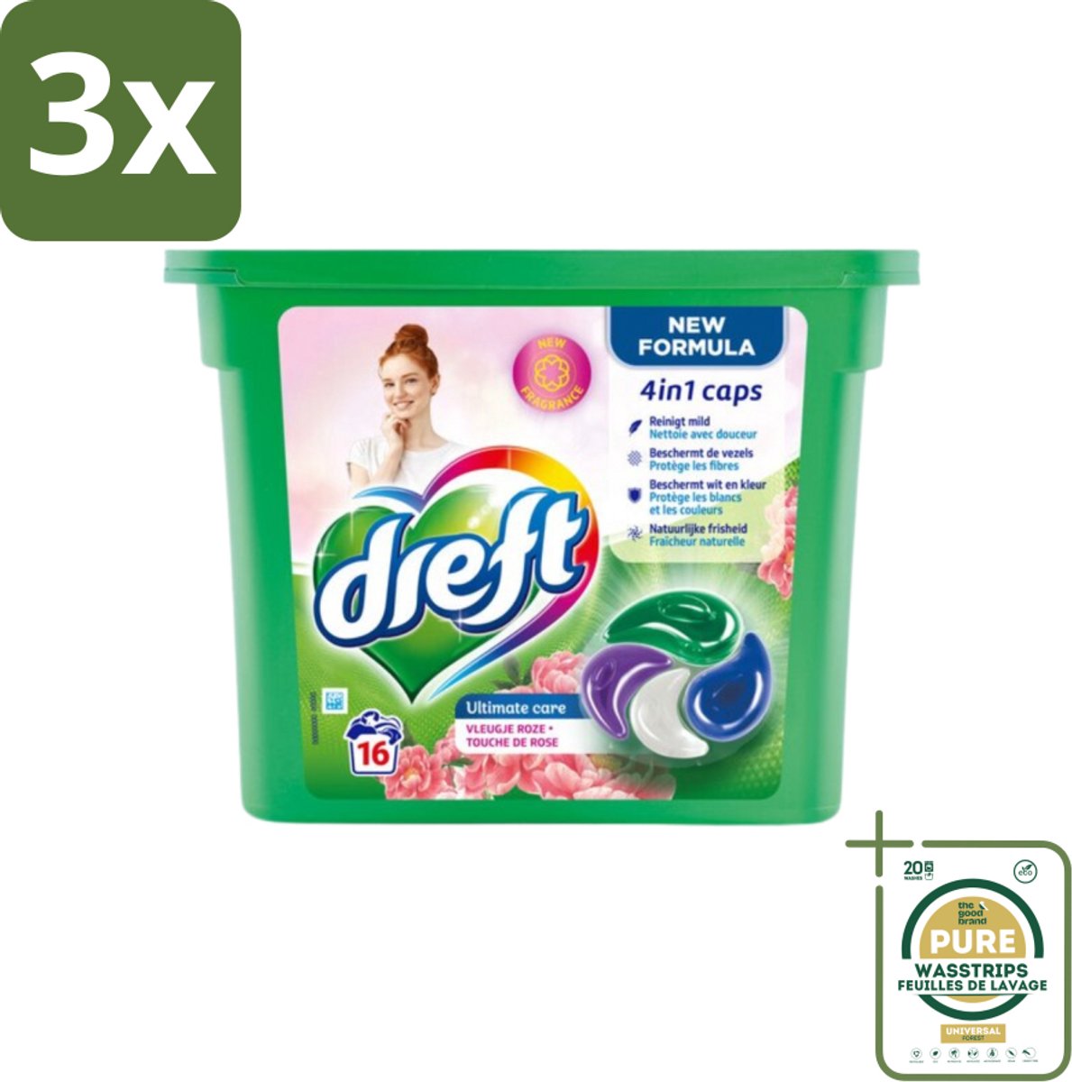 3 x Dreft - Nieuwe Formule - Wasmiddelcapsules 4in1 - Witte en Gekleurde Was - Vleugje Roze - 16 Wasbeurten - Grootverpakking - Wasmiddelcapsules - Wasbeurten - Kleurbescherming - Frisheid - Wasgoed