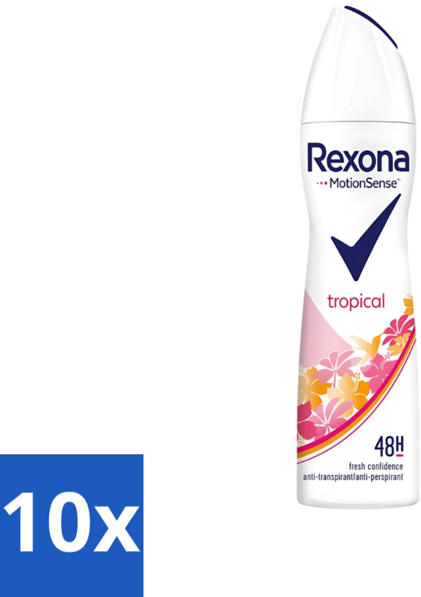 10 x Rexona - Deodorant Spray - Motion Sense - Tropical - Anti-Transpirant & Perspirant - 150ml - Anti-transpirant - Zweetvermindering - Deodorant - Tropische Geur - 48 Uur Bescherming