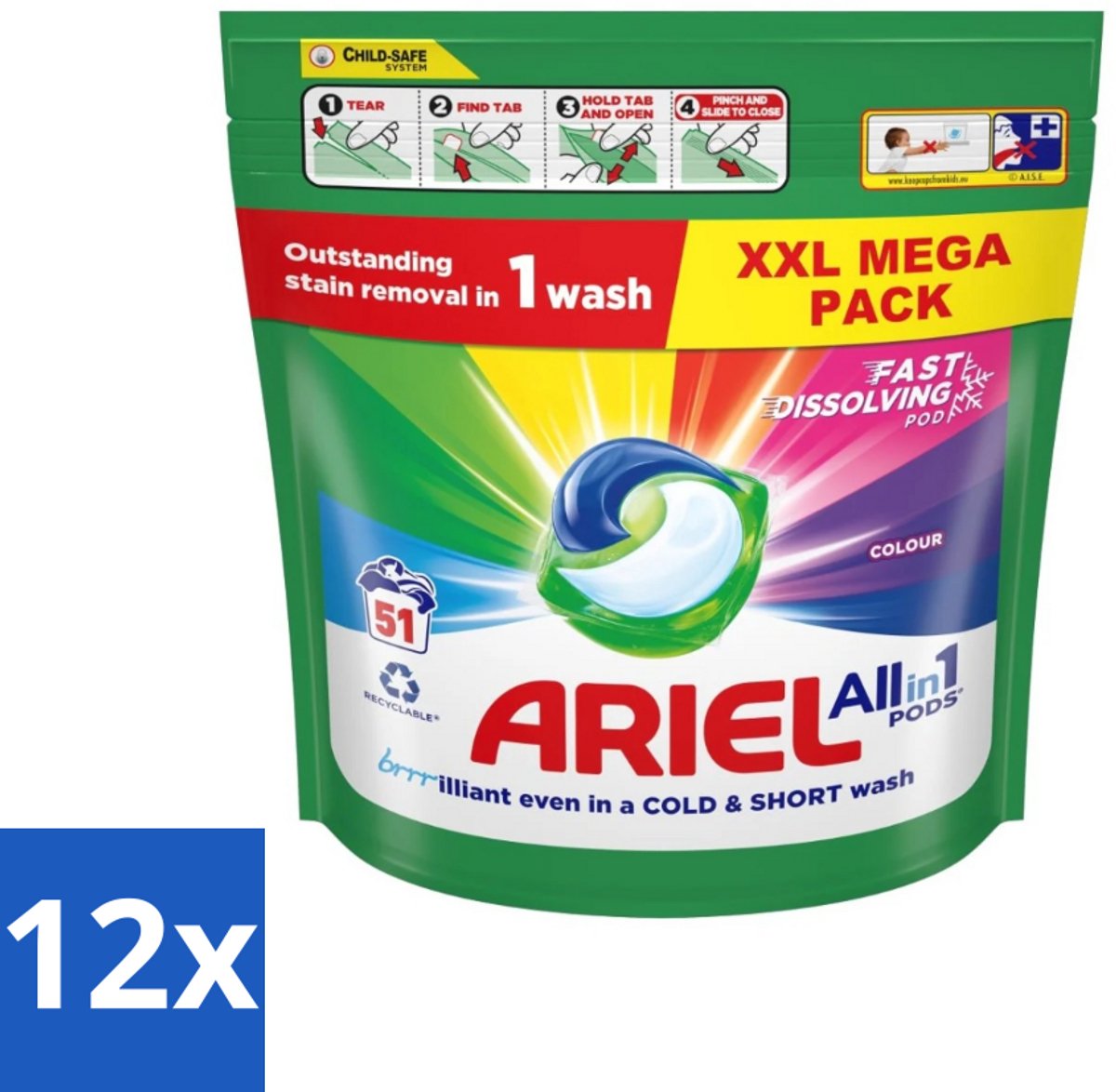 12 x Ariel Color - Wasmiddelcapsules - All-in-1 Pods - Gekleurde Was - 51 Wasbeurten - Wasmiddel Capsules - Kleurwas - Ariel Color - Wasmiddel Pods - Vlekkenverwijderaar