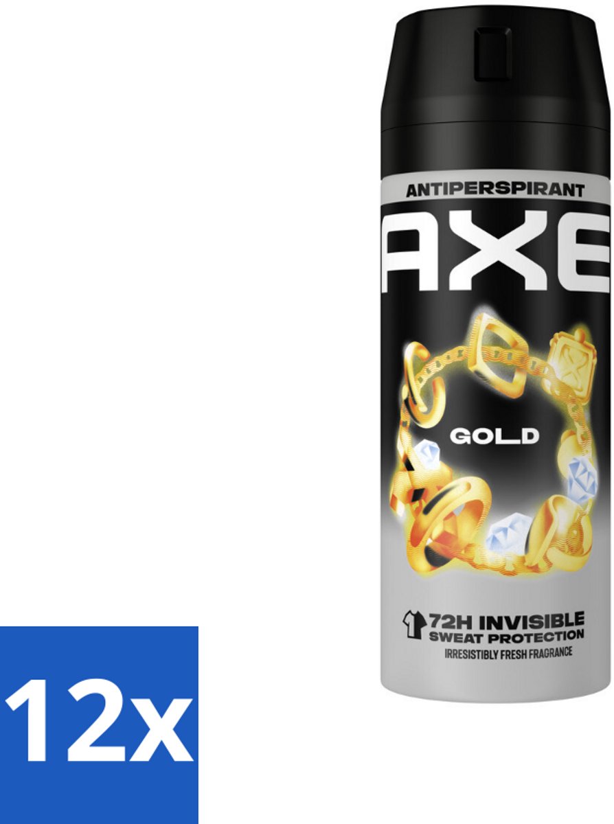 12 x Axe - Deodorant Spray - 72hrs Anti Sweat - Anti White Marks - Gold - 150 ml - Anti-transpirant - Deodorant - Axe Gold - Oud Wood - Vanille