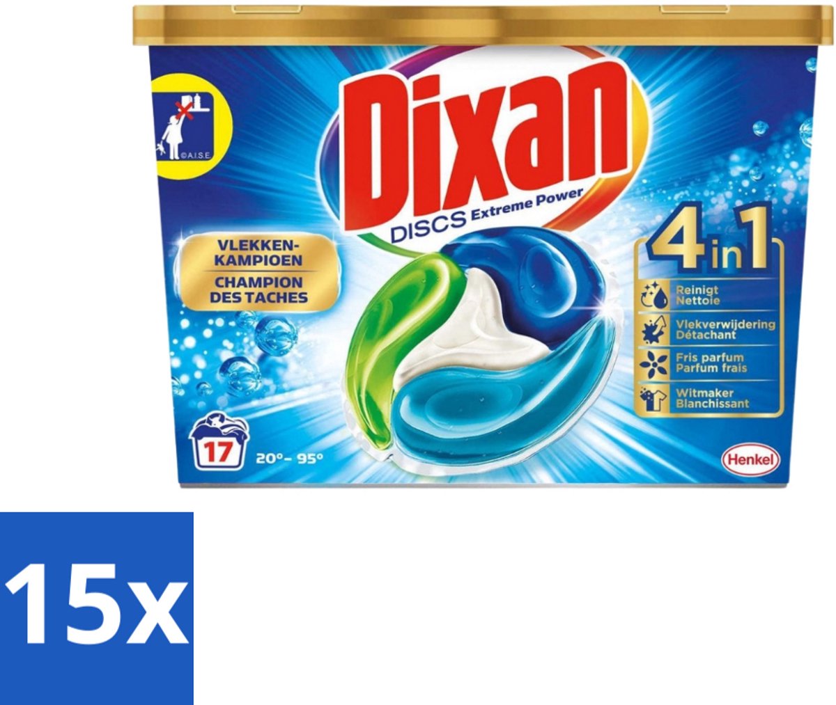 15 x Dixan Discs - Wasmiddelcapsules en Vlekverwijderaar - Extreme Power - Witte, Gekleurde & Zwarte Was - 17 Wasbeurten - Wasmiddelcapsules - Vlekverwijderaar - Wasmiddel - Wasbeurt - Wasmachine