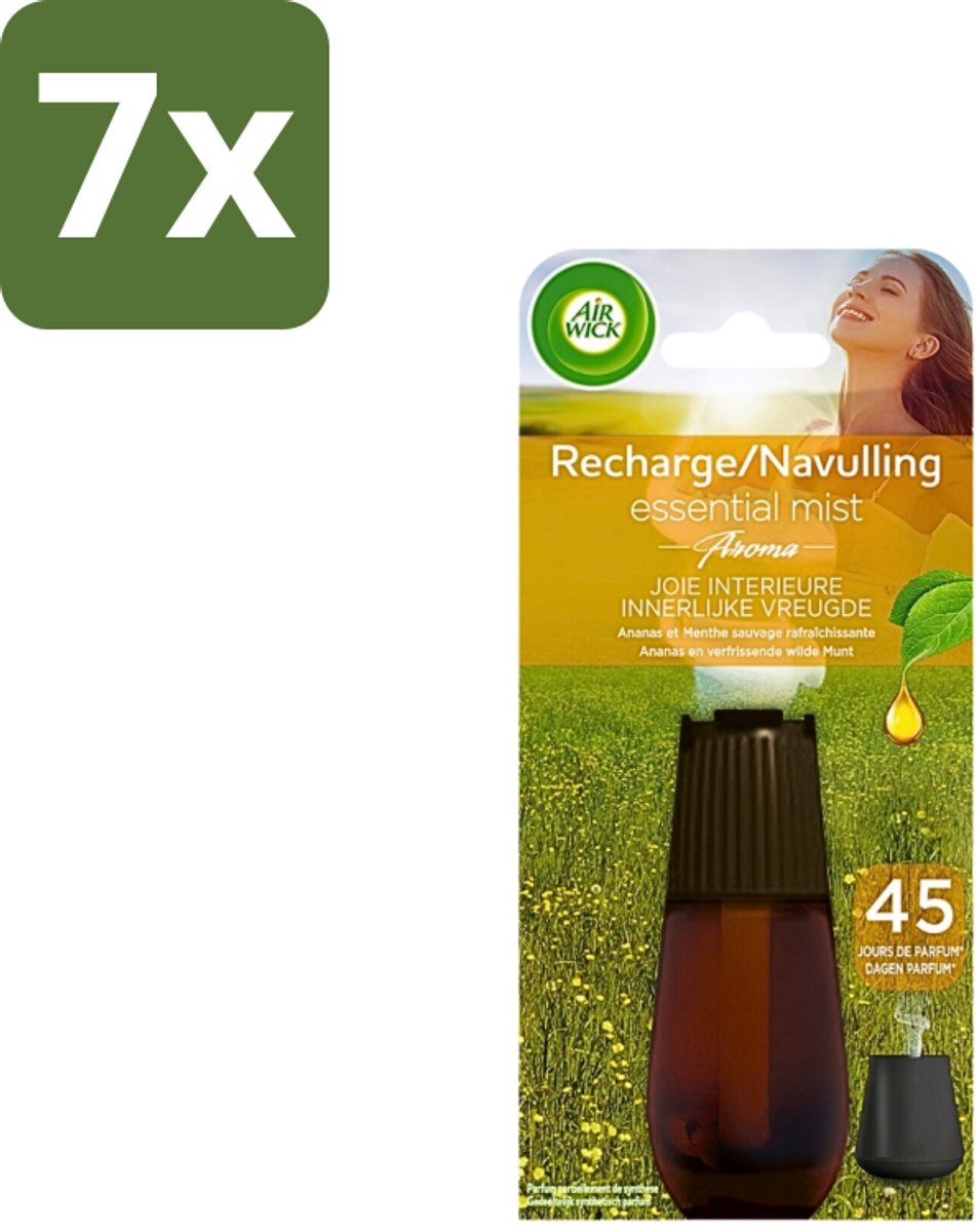 7 x Air Wick Essential Mist - Navulling - Happiness - Ananas & Wilde Munt - 20ml - Navulling - Geurverspreider - Aromatherapie - Ananas - Wilde Munt