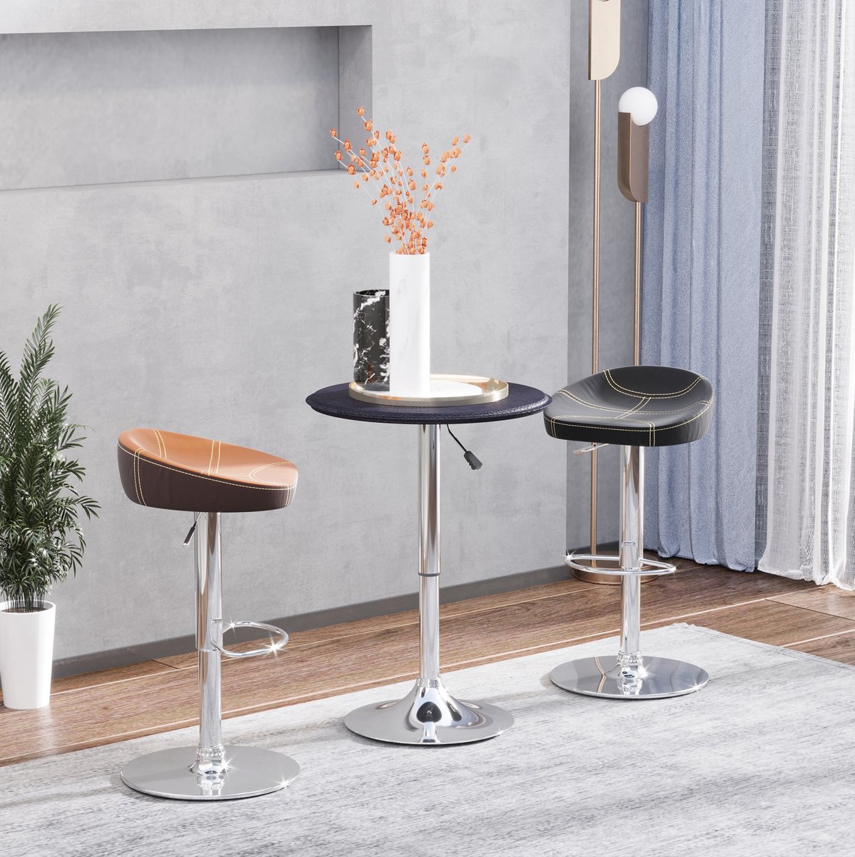 STILVORA Bartafel - Hoogteverstelbaar Rond Model Met 360 Graden Draaibaar Blad - Voor Woonkamer En Bar - Kunstleer En Chroom - Zwart - 63 Cm