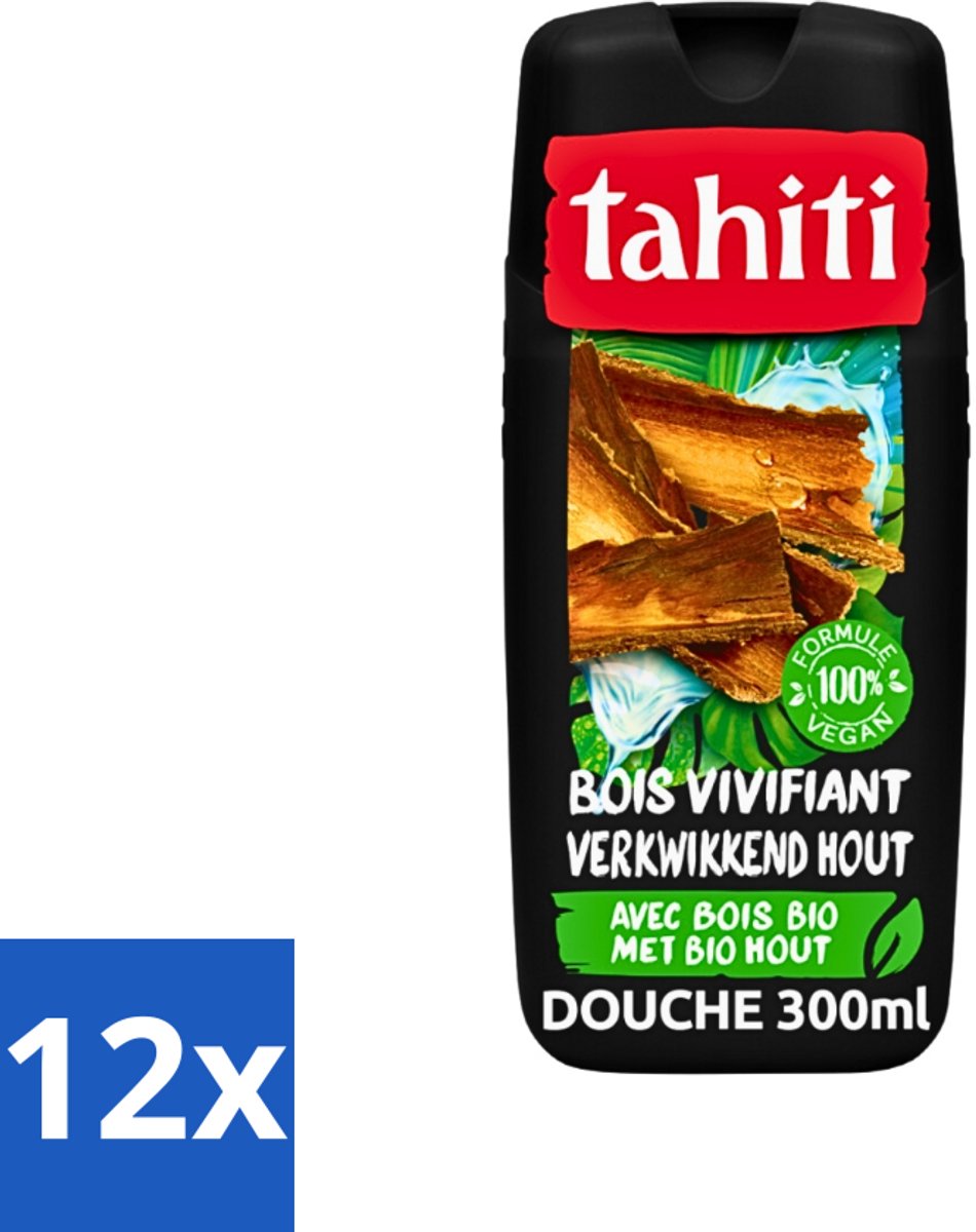12 x Tahiti - Douchegel - Verkwikkend Bio Hout - 100% Vegan - 300 ml - Douchegel - Houtgeur - Verfrissend - Hydraterend - Ginseng