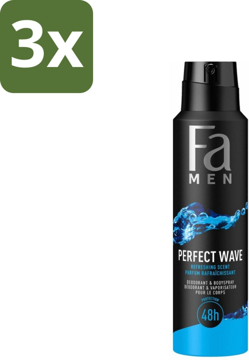 3 x Fa Men - Perfect Wave - Deodorant Spray - Verfrissende Geur - 150 ml - Deodorant Spray - Frisse Geur - Aquatisch - Lichaamsgeur - Zweetblokkerend