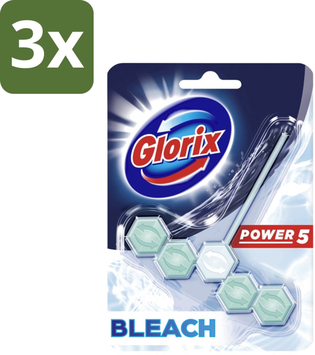 3 x Glorix - Power 5 - Toiletblok - Bleach - Anti-Kalkwerking - Langdurige Frisheid - 1 Blok - Toiletblok - Toilet Reinigen - Anti-kalk - Fris Toilet - Hygiëne Toilet