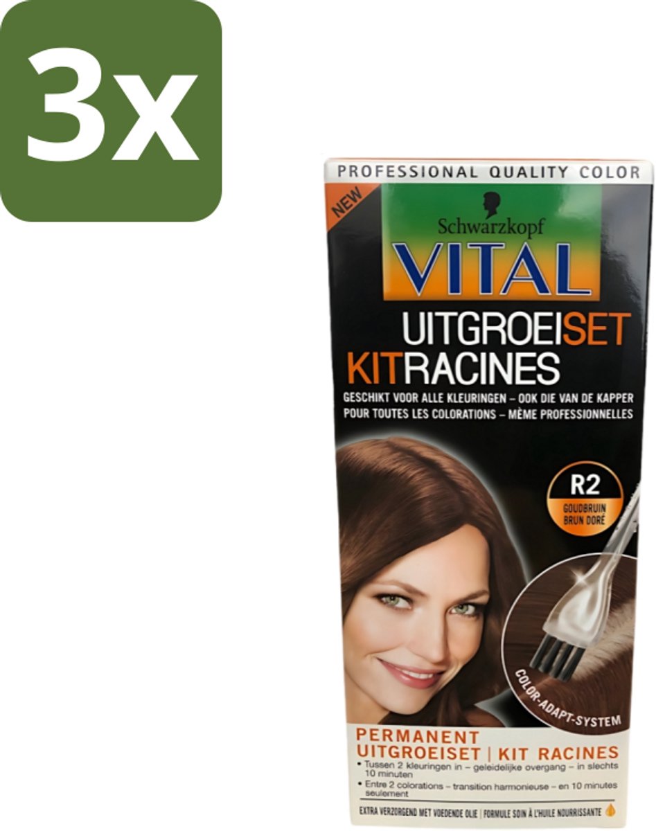 3 x Schwarzkopf Vital - Haarverf - Uitgroeiset - R2 Goudbruin - 60 ml - Uitgroeiset Goudbruin Haar - Uitgroeiset Goudbruin - Uitgroeiset Haar - Uitgroeiset Grijze Haren - Uitgroeiset Voor Goudbruin Haar