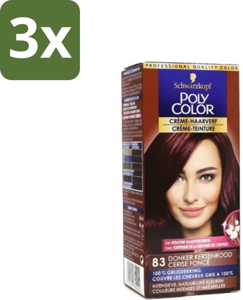 3 x Schwarzkopf - Poly Color - Haarverf - Crème - Donker Kersenrood - 50 ml - Haarkleur - Haarverf - Grijsdekking - Crème Haarverf - Permanent Haarverf