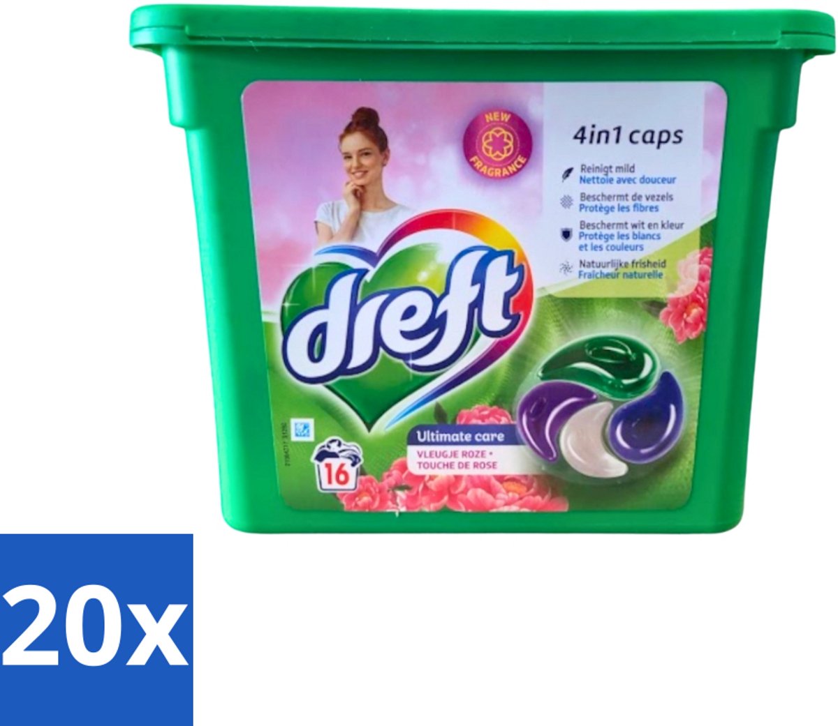20 x Dreft - Wasmiddelcapsules 4in1 - Witte en Gekleurde Was - Vleugje Roze - 16 Wasbeurten - Wasmiddelcapsules - Was - Kleurenbeschermer - Vlekkenverwijdering - Frisse Geur