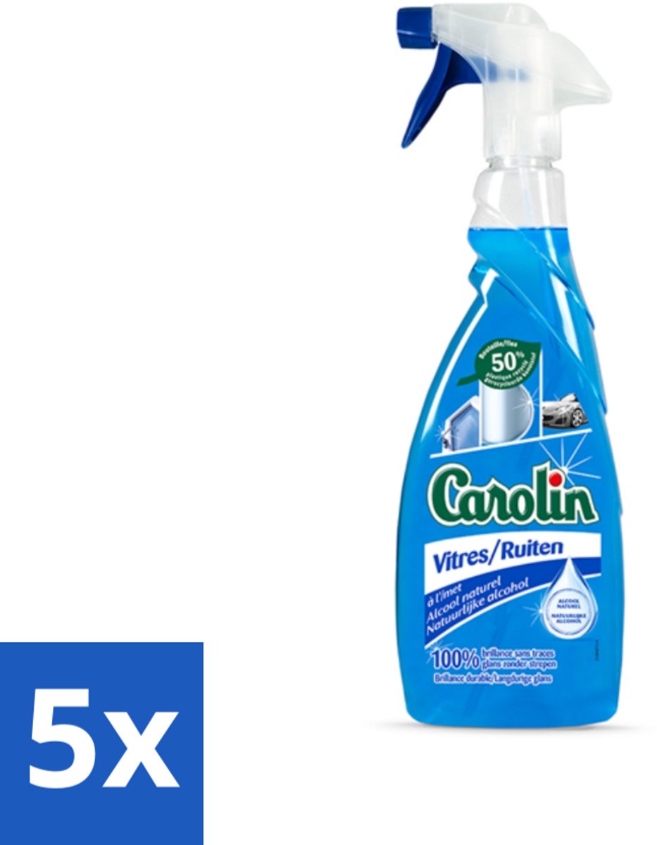 5 x Carolin - Glas- en Ruitenreiniger - Met Natuurlijke Alcohol - 650 ml - Glas Reiniger - Ruiten Reiniger - Natuurlijke Alcohol - Schone Ramen - Streeploze Glans