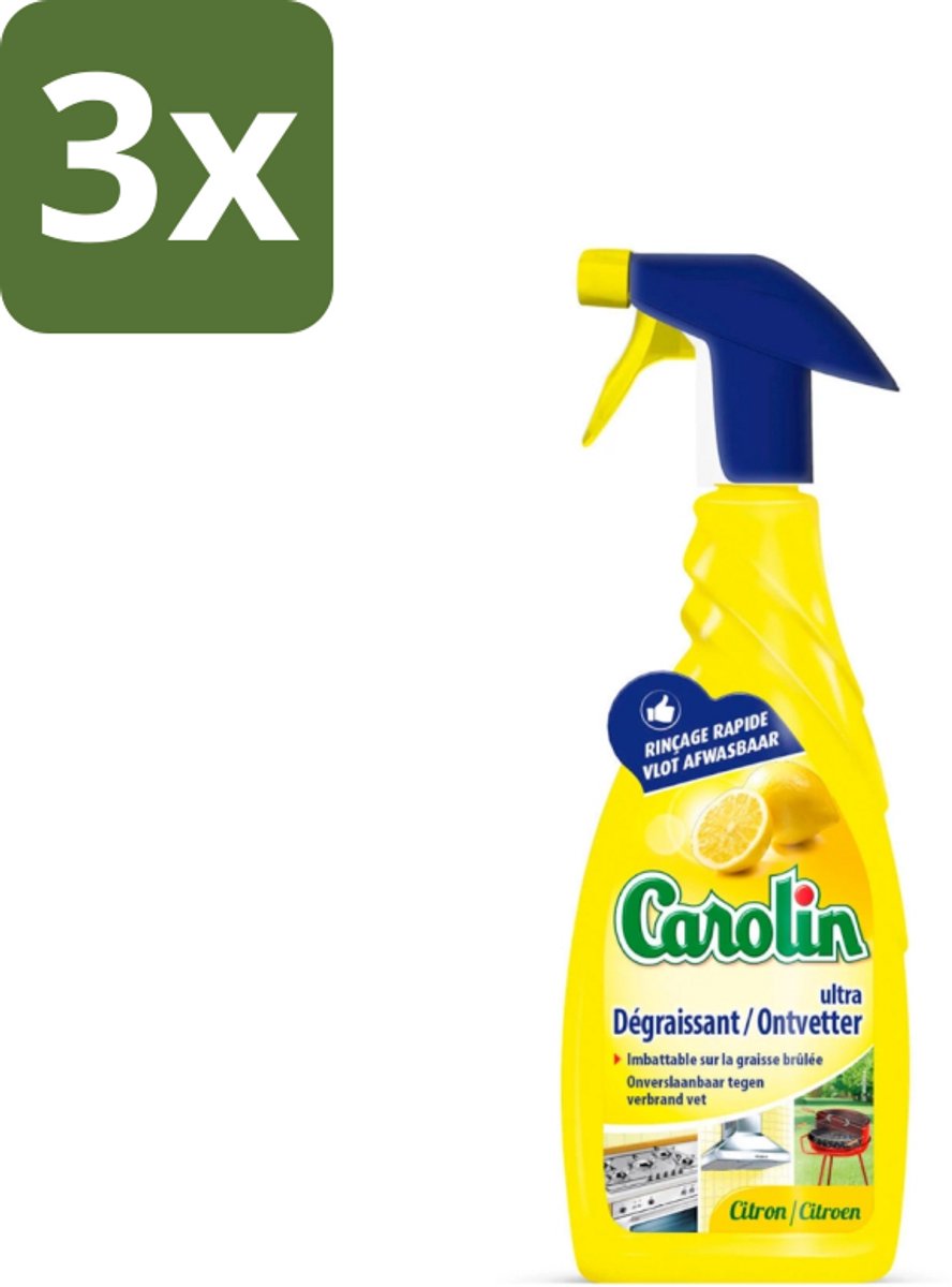 3 x Carolin - Keukenreiniger - Spray Ultra Ontvetter Citroen - 650 ml - Keukenreiniger - Ontvetter - Citroen - Vetvlekken Verwijderen - Keukenhygiëne