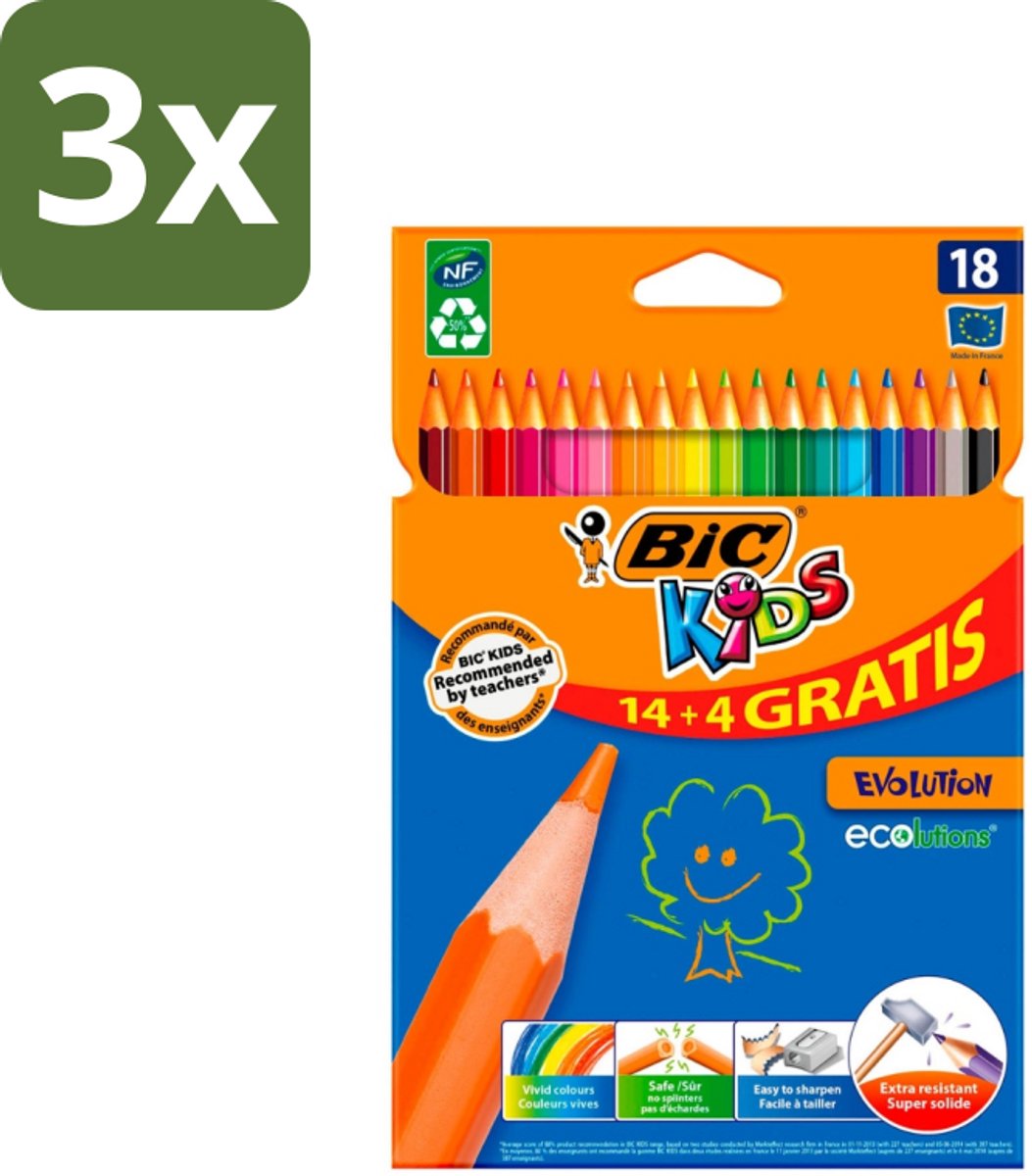 3 x Bic Kids - Kleurpotloden - Diverse Kleuren - Eco - Evolution - 18 Potloden - Kleurpotloden Voor Kinderen - Kleurpotloden Eco - Kleurpotloden Evolution - Kleurpotloden 18 Kleuren - Kleurpotloden Voor 3 Jaar