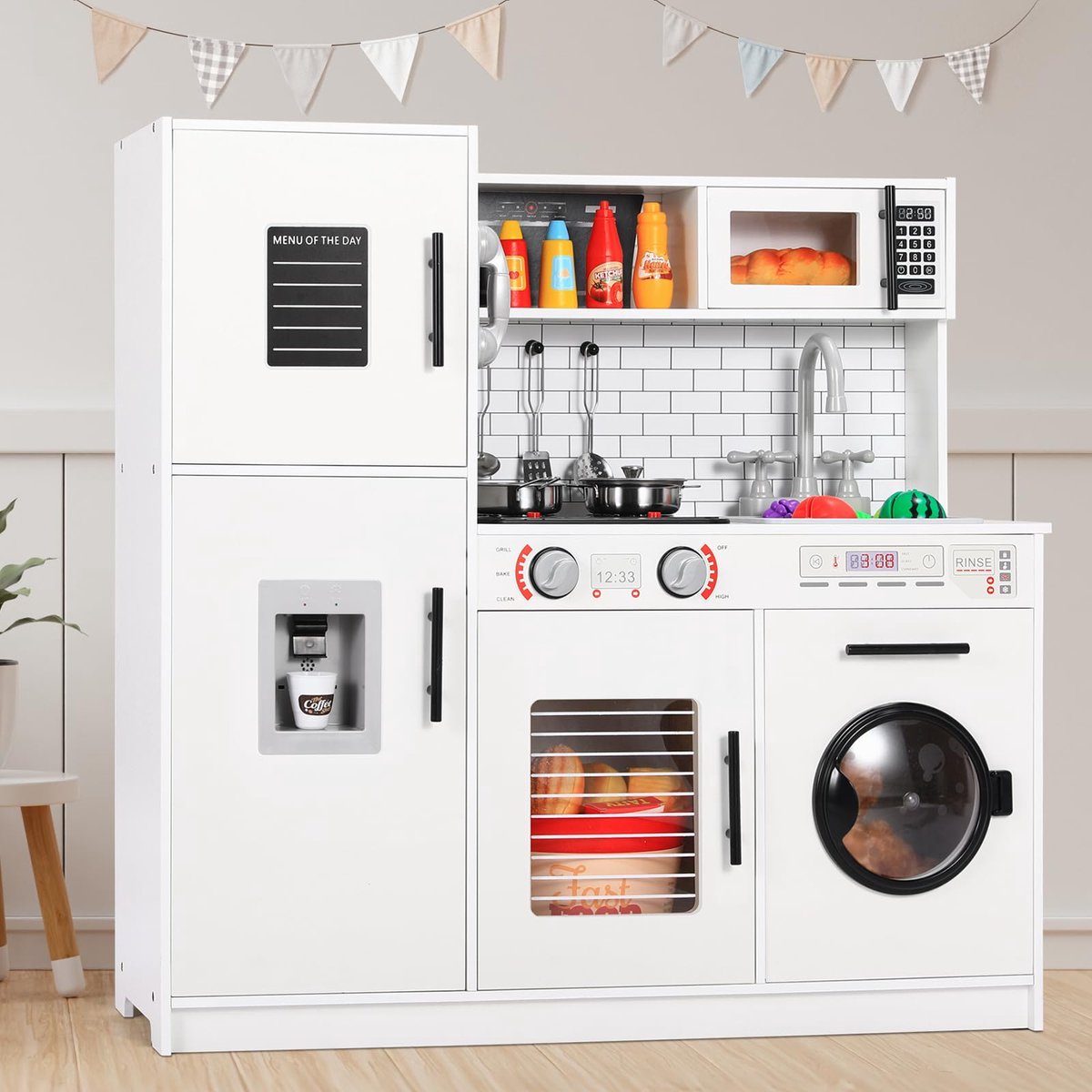 Houten Speelgoed Keuken - Kinderkeuken - met Echt Licht en Geluiden - MDF Keukenspeelset - voor Kinderen Vanaf 3 Jaar
