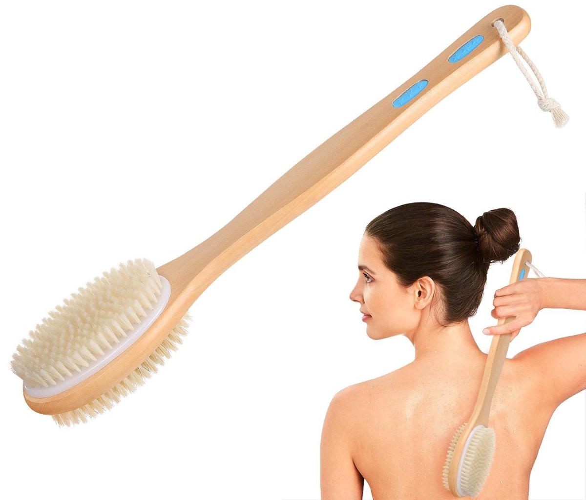 longziming - Rugborstel 44 cm - Dubbellaagse Lichaamsborstel - Doucheborstel met Lange Houten Steel - Natuurlijke Borstels - Peeling en Massage