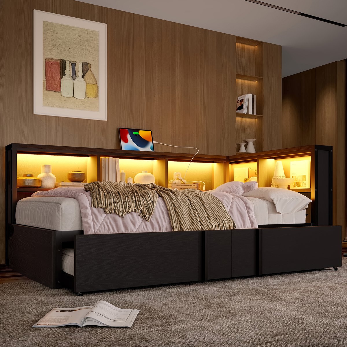 Metalen dagbed met uitschuifbed en opbergkasten - LED en USB - 90/180x200 cm voor 1-2 personen - Zwart - Inclusief lattenbodem
