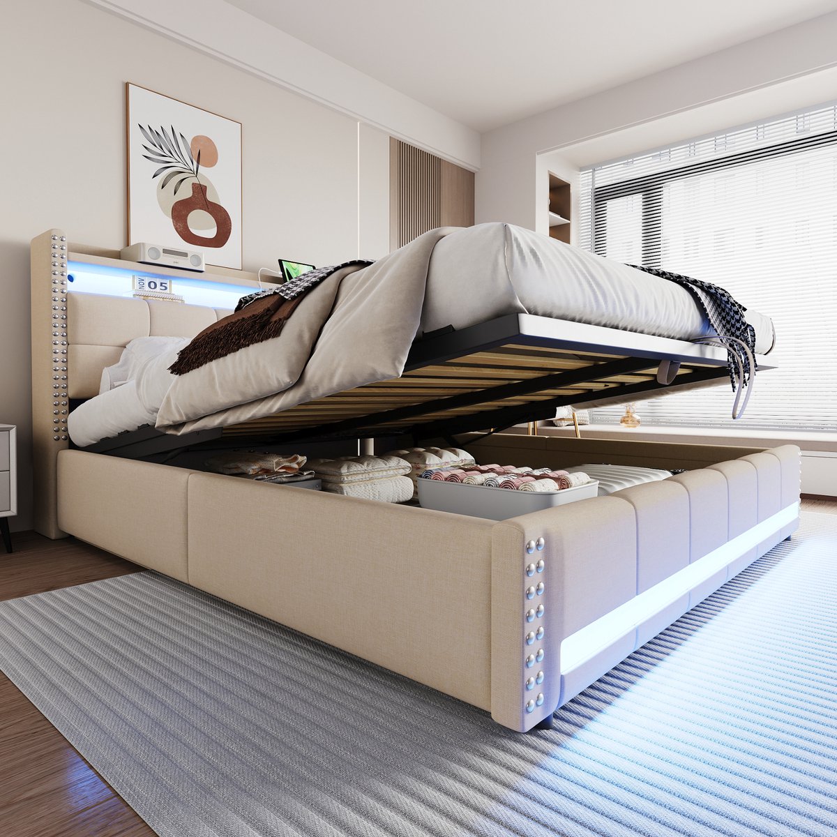 Gestoffeerd bed 180x200 cm - met hydraulische opbergruimte en LED-verlichting - tweepersoons - beige - hoofdeinde met legplanken en USB - stevig tot 300 kg