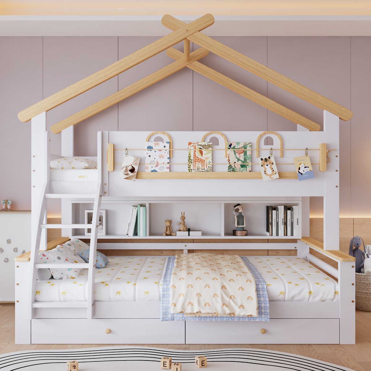 Stapelbed met dak en opberglades - bovenbed 90x200 cm, onderbed 120x200 cm - wit+natuur - scheve trap met opbergvakken - decoratieve leuning - FSC-gecertificeerd grenen en MDF - stevige lattenbodems inbegrepen