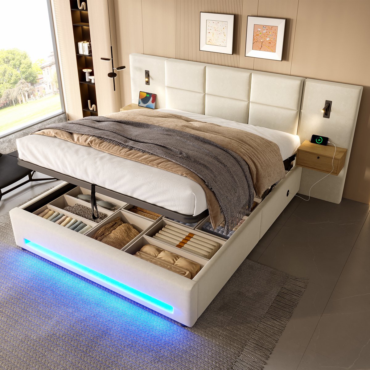 Gestoffeerd bed 180x200 cm - hydraulische opbergruimte, LED-nachtlicht en USB-C - tweepersoons - antraciet fluweel - hoofdbord met opberglades - draagvermogen 200 kg