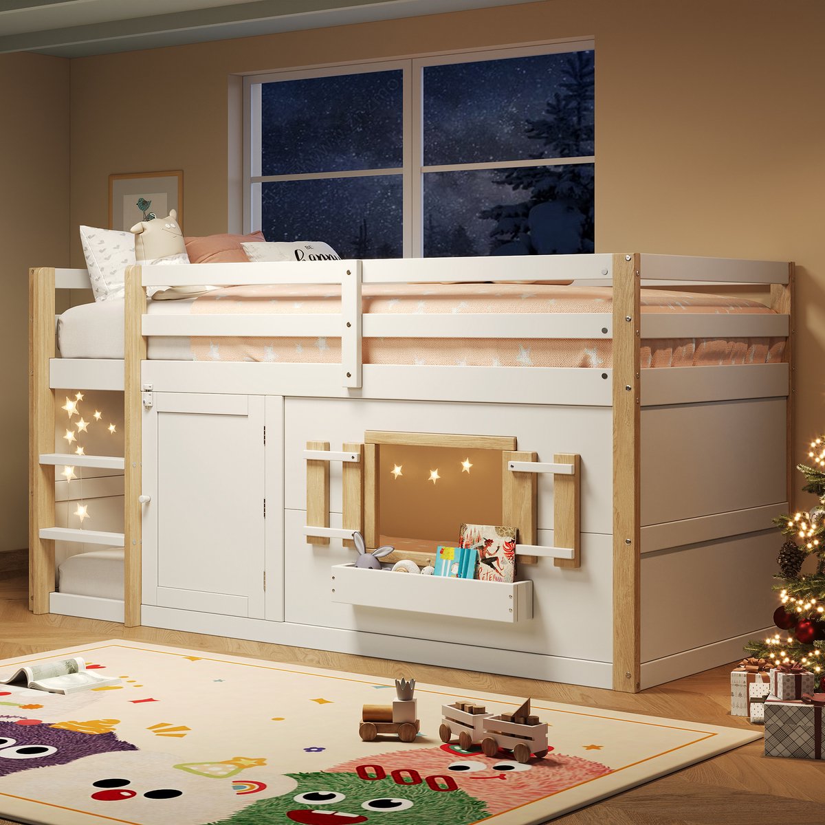 Hoogbed met speelzolder en logeerfunctie - multifunctioneel kinderbed - 90x200 cm eenpersoons - wit - massief grenen en MDF frame - ombouwbaar tot speel- of gastenverblijf - inclusief lattenbodem