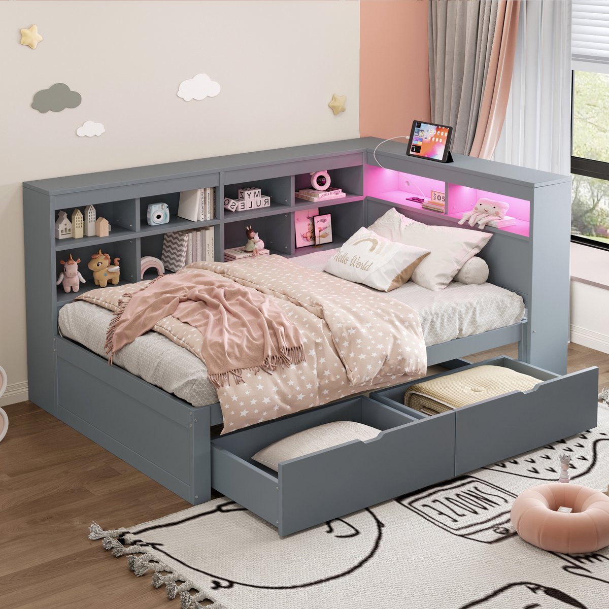 Houten slaapbank met LED, USB en opberglades - multifunctioneel voor logeerkamer en studio - 90x200 cm eenpersoons - grijs - hoofdeinde met planken en stopcontact - kleurveranderende sfeerverlichting - massief grenen frame