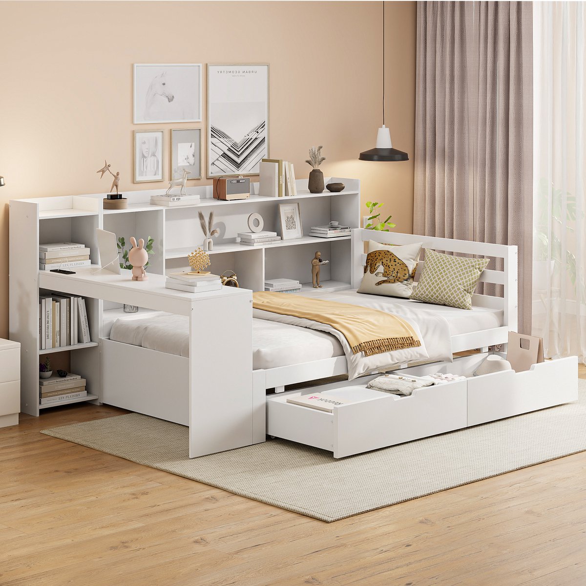 Houten slaapbank met bureau en opbergruimte - Multifunctioneel voor studeren en slapen - 90x200 cm, 1 persoon - Wit - Geïntegreerde boekenplank en stopcontact - 2 grote opberglades