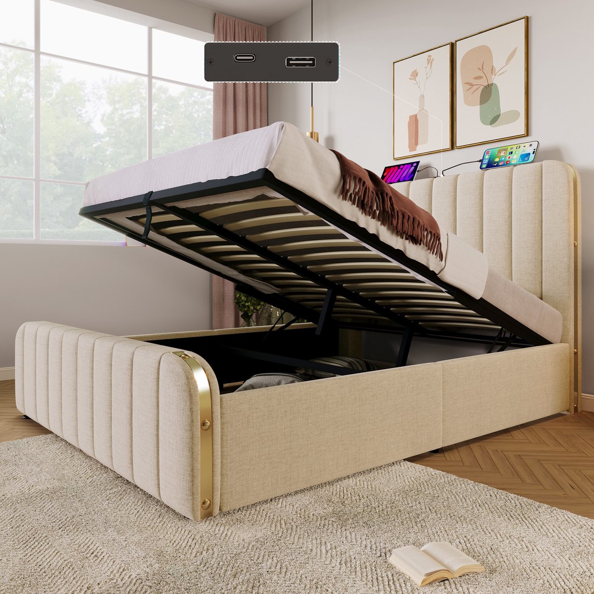 Gestoffeerd tweepersoonsbed - Hydraulische opbergruimte en USB Type-C oplaadfunctie - 140x200 cm - Beige - Hoofdeinde met gouden sierstrips - Linnen bekleding - Belastbaar tot 181 kg