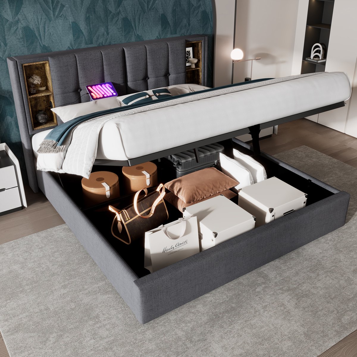 Gestoffeerd tweepersoonsbed 180x200 cm - Draadloos laden, USB-C en hydraulische opbergruimte - Grijs - Katoenen bekleding, hoofdeinde met opbergvakken - Inclusief houten lattenbodem