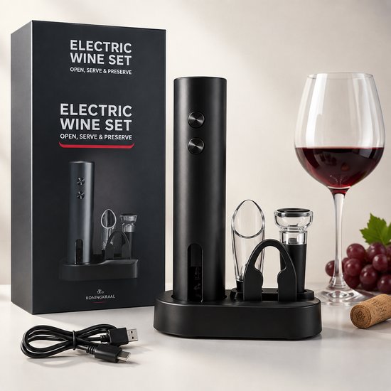 Zwarte elektrische wijnset met kurkentrekker, foliesnijder, wijnschenker en wijnstopper op een standaard. Incl. USB-C kabel.