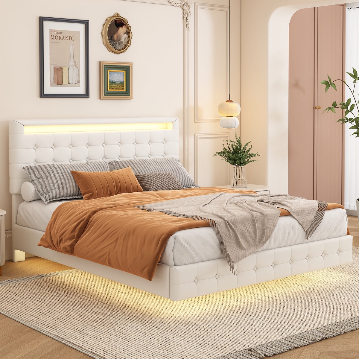 Zwevend ledikant 140x200 cm - LED-sfeerverlichting via app - Wit - 2 personen - PU-leder - Verstelbaar hoofdeinde in 3 standen - Zwevend design - Max. 220 kg
