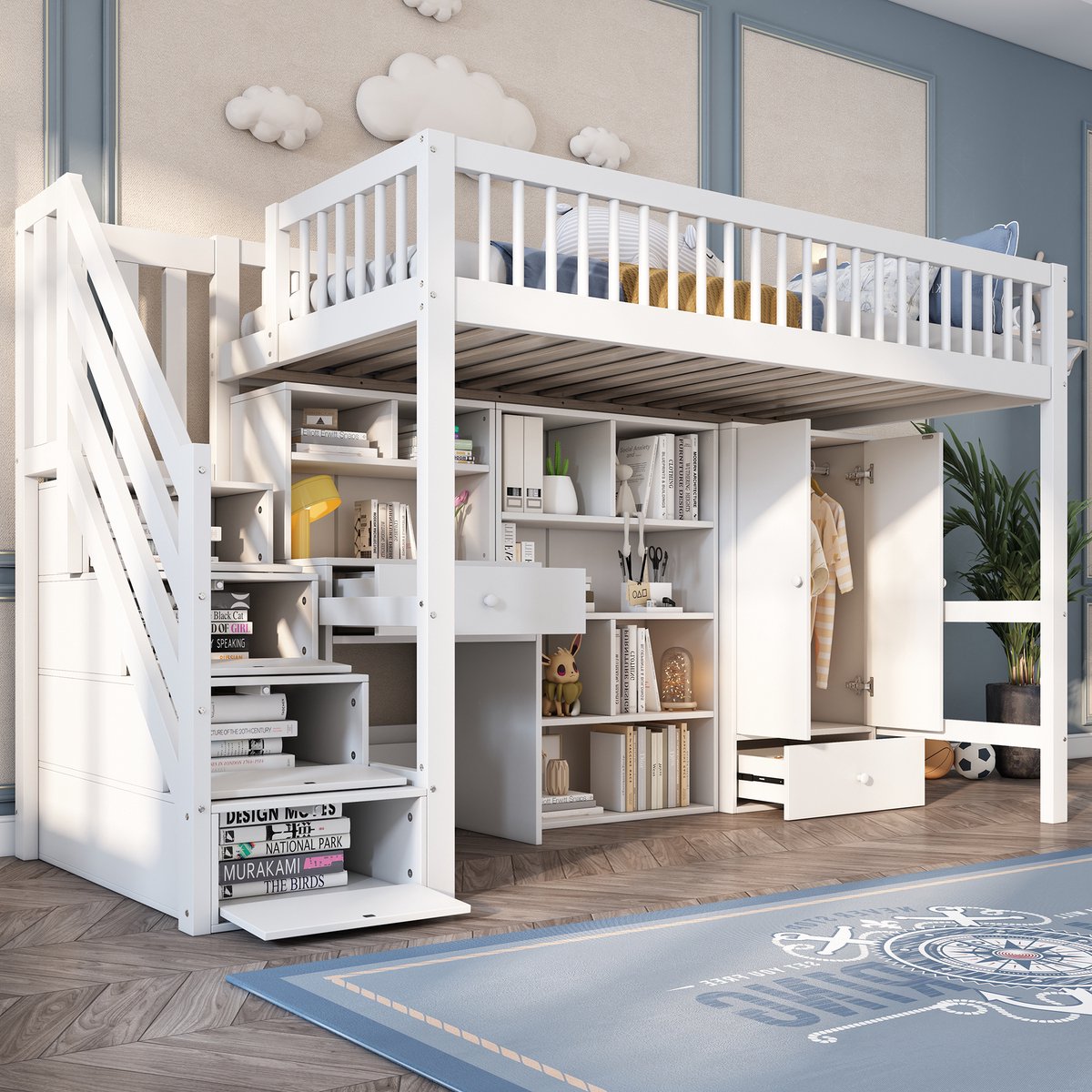 Multifunctioneel kinderbed - Met bureau, opbergtrap, lockers en kledingkast - 90x200 cm - 1 persoon - Wit - Massief hout + MDF - Inclusief lattenbodem - Veiligheidshek - Max. 120 kg