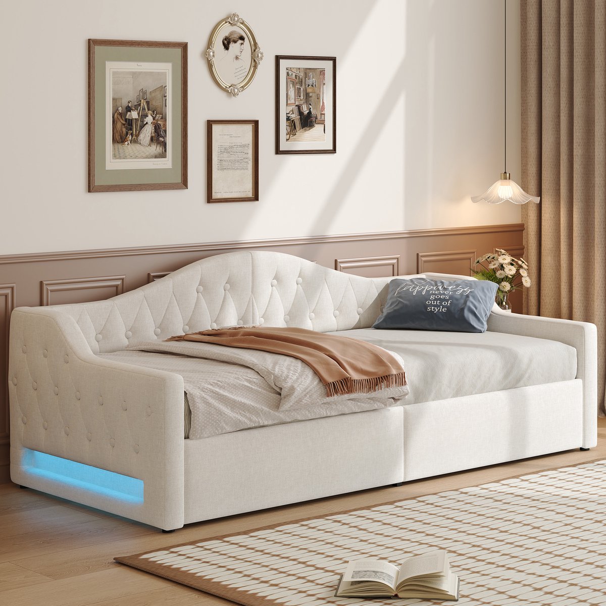 Dagbed slaapbank - multifunctioneel met opbergruimte en LED - 90x200 cm - Beige linnen - 7 kleuren sfeerverlichting - Opbergvak onder het bed - Inclusief 12-delige lattenbodem
