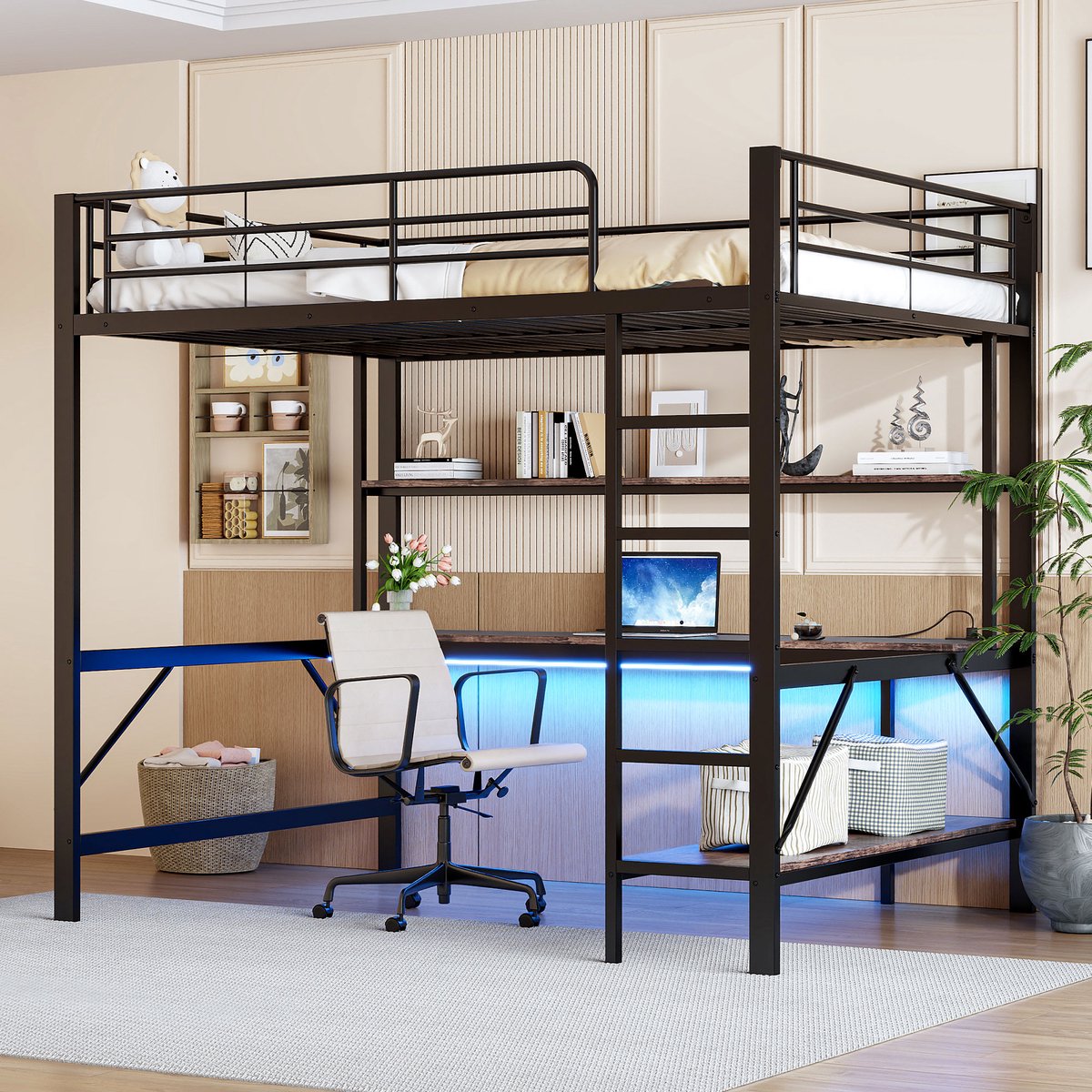 Hoogbed 140x200 cm met bureau en legplanken - Zwart - Inclusief stopcontact, USB-poort en app-gestuurde LED-verlichting - Veilige trap en omheining - Geschikt voor tiener- en studentenkamer