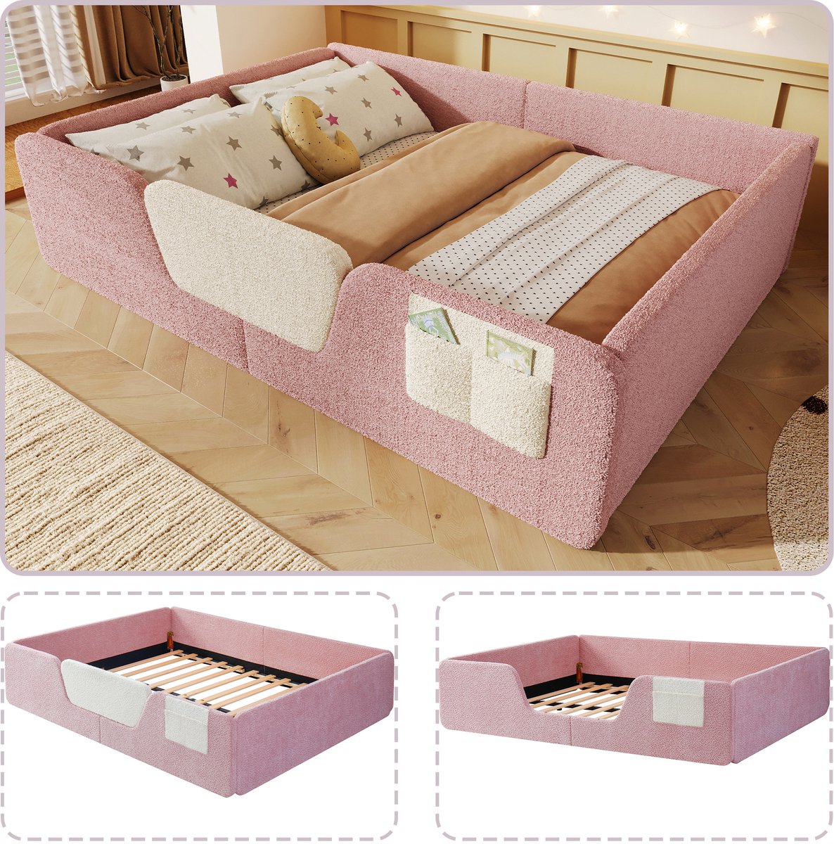 Gestoffeerd kinderbed 140x190 cm - peuter- en kleuterbed met afneembaar veiligheidshek - roze fluweel - opbergvak aan de zijkant - zachte bekleding - montagevriendelijk