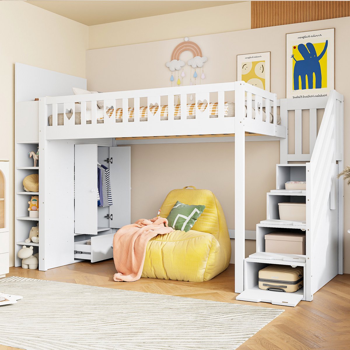 Kinderhoogslaper 90x200 cm - Opbergtrap, hartvormig hek en klapbare opbergkast - Wit - 1 persoon - Met legplanken en vrije ruimte onder bed voor verkleedplezier - Stevig grenenhout