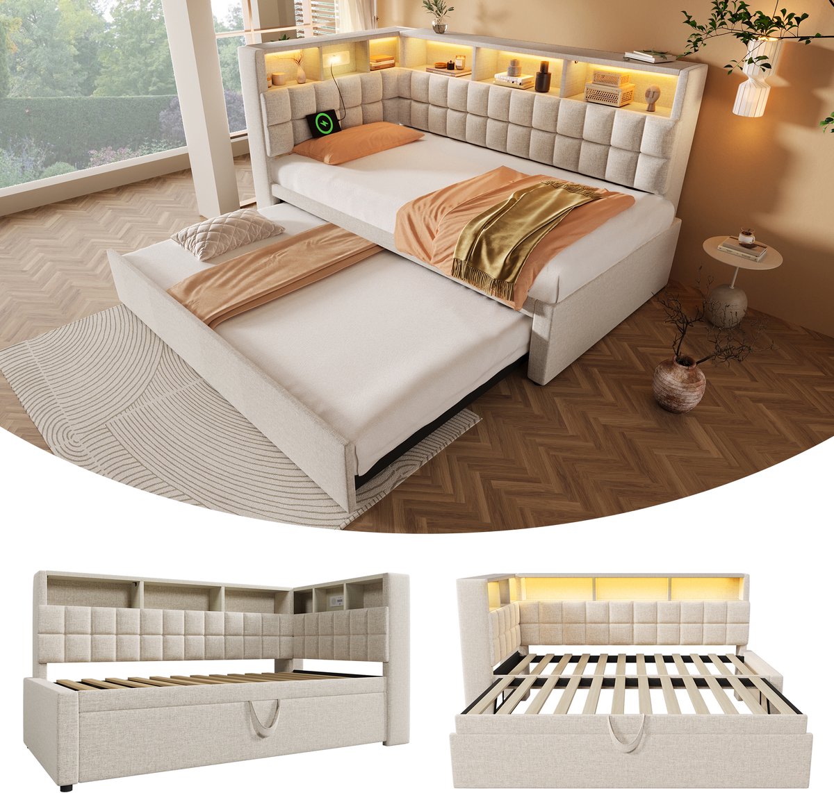 Gestoffeerd bed met uitschuifbed en multimedia hoofdeinde - LED, Blauwtooth-speaker en USB-C opladen - 90x200/90x190 cm - 1-2 personen - Beige linnen - L-vormig opbergrek - Voor kinderkamer of logeerkamer