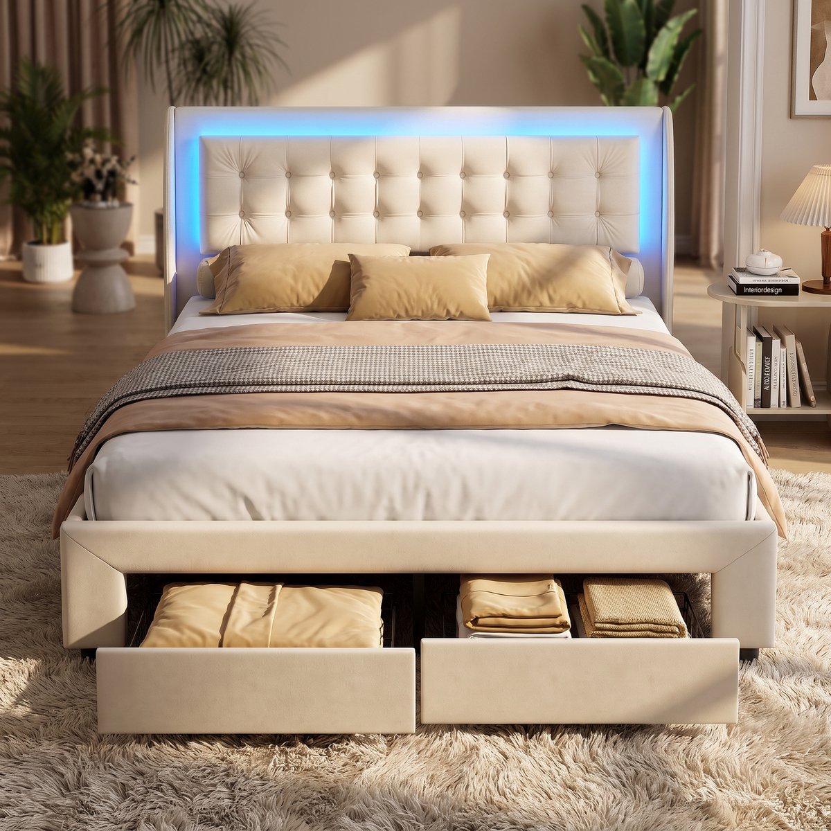 Gestoffeerd Bed 160x200 cm - Tweepersoonsbed Opbergbed met LED-verlichting - Hydraulische Opbergruimte - 2 lades, Beige Flueel, Geschikt voor Volwassenen en Jongeren (Zonder Matras)