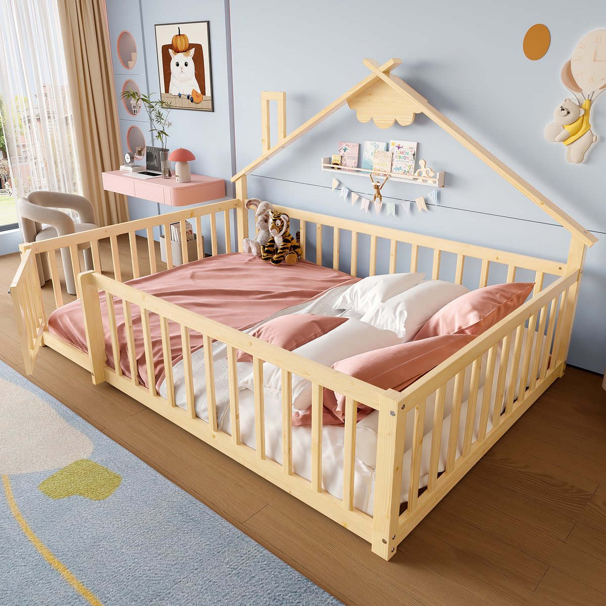 Huisbed 140x190 cm - Met afsluitbare veiligheidsreling - Naturel - Massief grenenhouten frame - Speels dakontwerp - Inclusief houten lattenbodem
